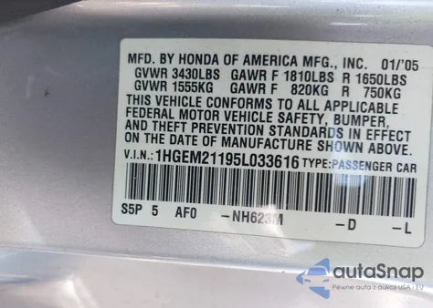 2005 Honda Civic Dx Vp из США, поврежденный, VIN 1HGEM21195L033616